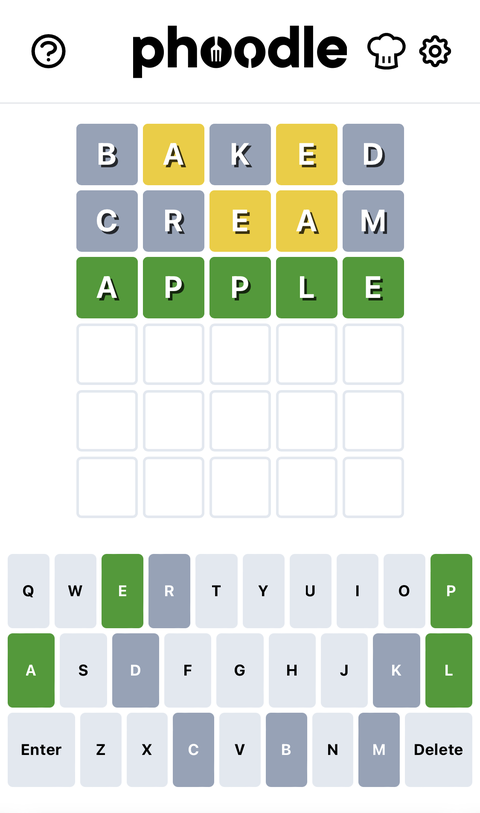 phoodle food word game screen with word apple