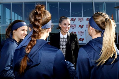 tampa, fl   february 28, 2020   ownerpresident tampa bay buccaneers foundation and glazer family foundation darcie glazer kassewitz speaks to athletes as they compete on day 3 of the 2020 girls flag football preseason classic at adventhealth training center photo by matttampa bay buccaneers