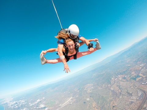 Air sports, Extreme sport, Tandem skydiving, Parachuting, Sky, Parachute, Fun, Windsports, Leisure, Aerial photography, 