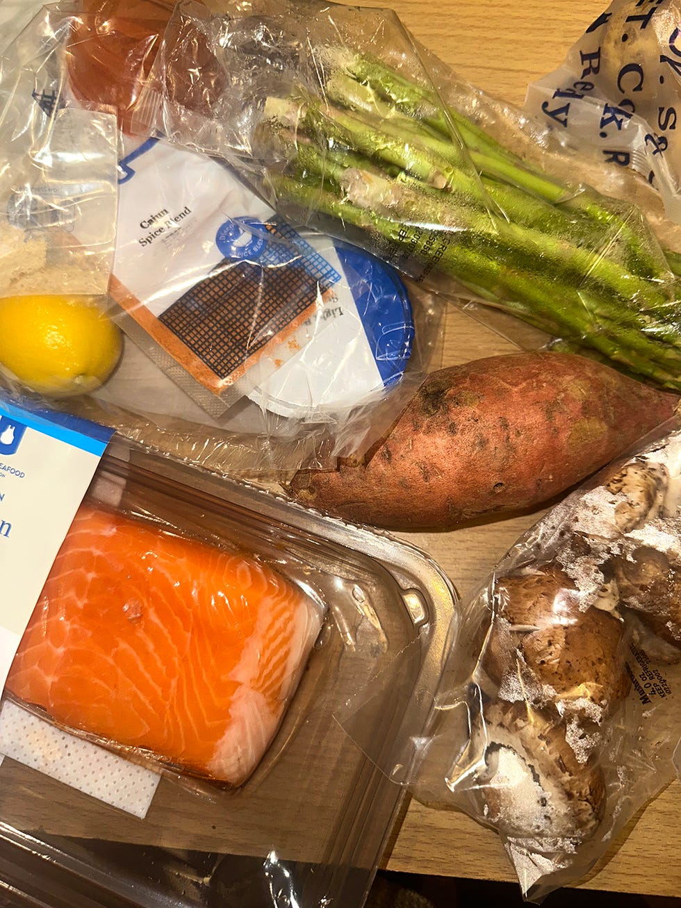 ingredients from blue apron meal kit salmon, mushrooms, asparagus