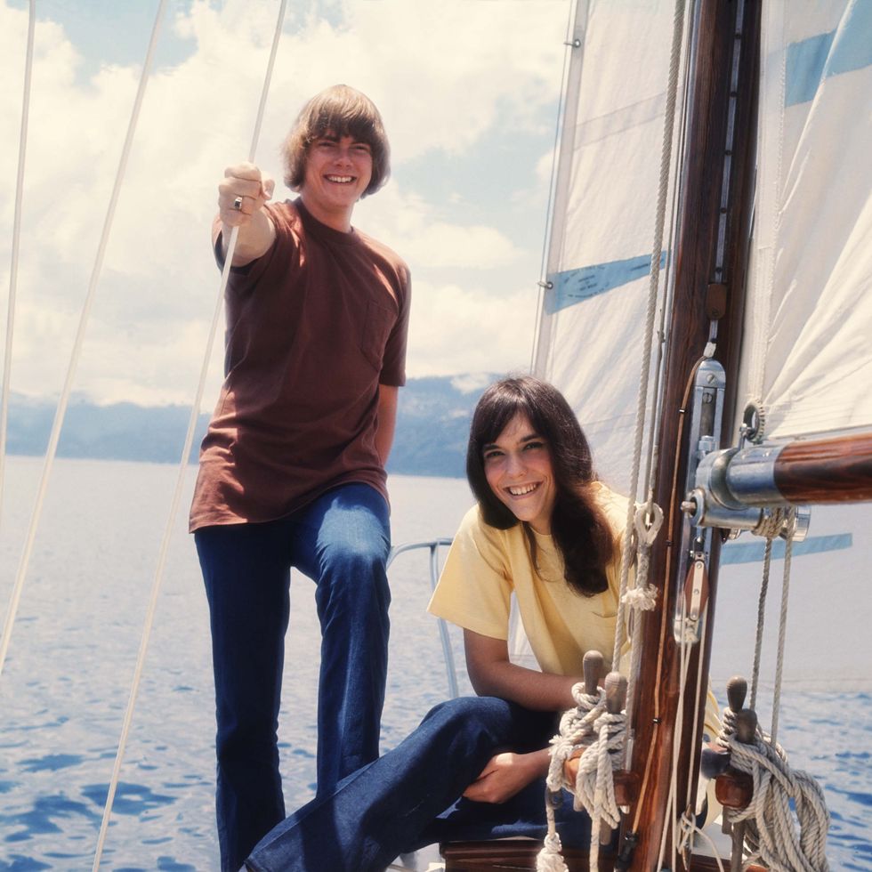 united states june 16 lake tahoe photo of carpenters and karen carpenter and richard carpenter, lr richard carpenter, karen carpenter posed, on boat in lake tahoe photo by jim mccraryredferns