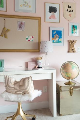 family photo wall ideas, pink girl bedroom with a white desk and photos on the wall