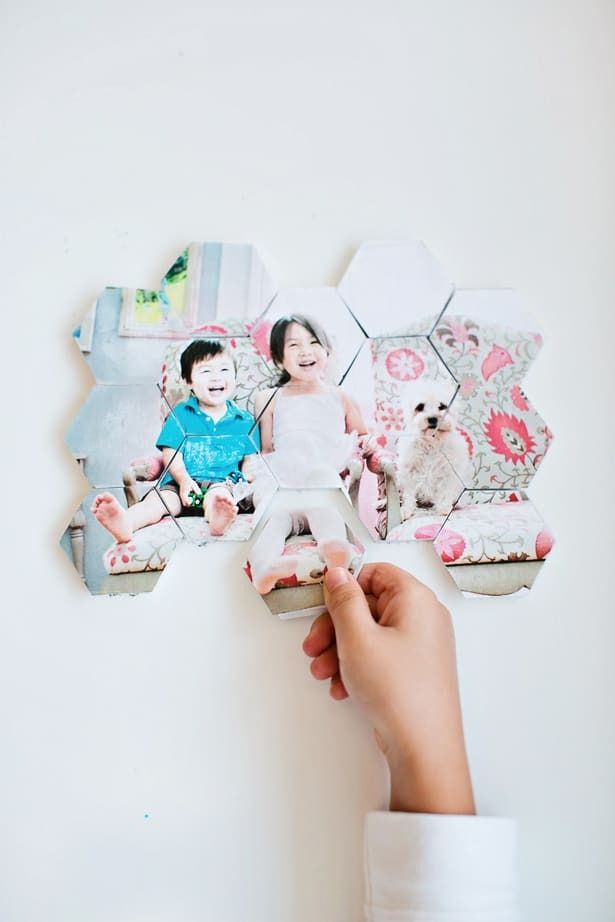 family photo wall ideas, kid photos displayed on tile puzzle pieces
