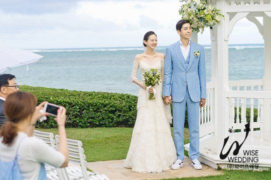 Photograph, Wedding dress, Ceremony, Blue, Bridal clothing, Bride, Dress, Gown, Wedding, Yellow, 