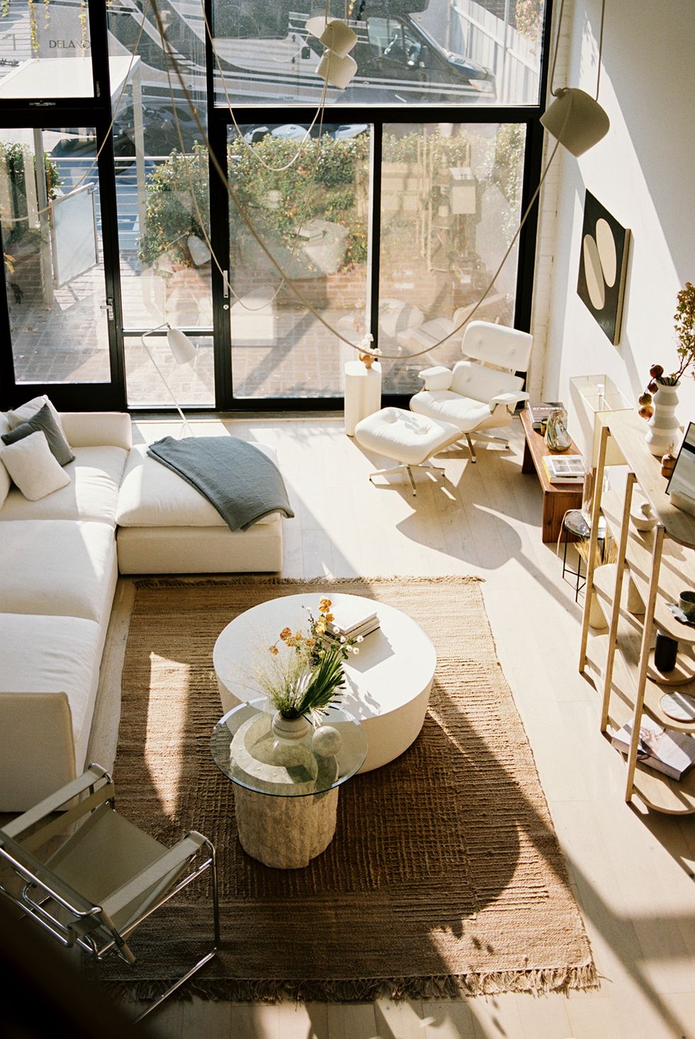 living room with large glass windows
