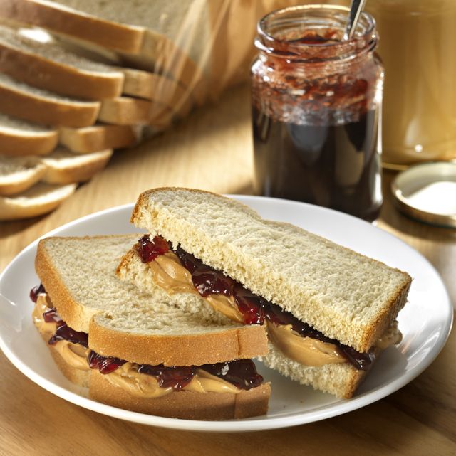 A photograph of a peanut butter and jelly sandwich