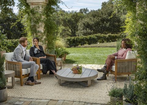 “oprah with meghan and harry a cbs primetime special”   pictured prince harry and meghan, the duke and duchess of sussex with oprah winfrey featuring oprah winfrey as she sits down with prince harry and meghan, the duke and duchess of sussex, will be broadcast as a two hour exclusive primetime special on sunday, march 7 from 800 1000 pm, etpt on the cbs television network photo credit harpo productions photographer joe pugliese