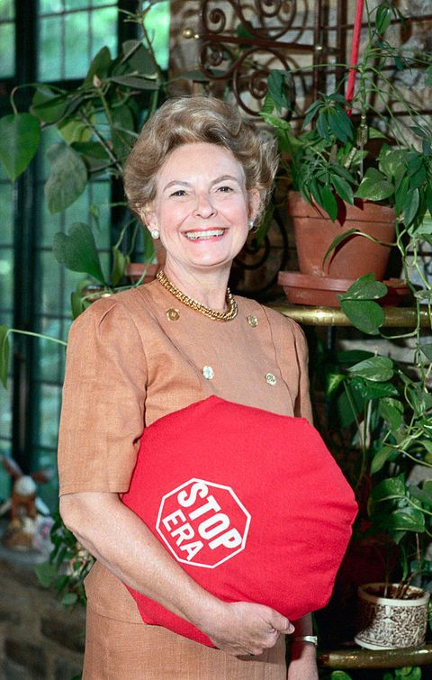 Phyills Schlafly Holding a "Stop Era" Pillow