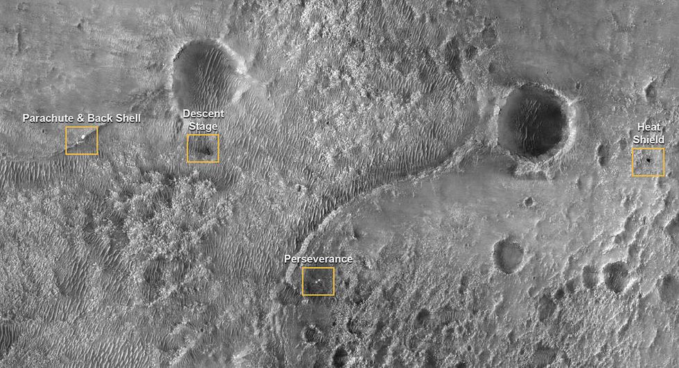 the ﻿high resolution imaging experiment hirise camera aboard nasa’s mars reconnaissance orbiter captured nasa's perseverance rover and the discarded components of the spacecraft in one photo