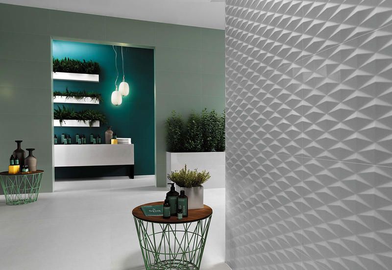 Tile, Interior design, Wall, Room, Floor, Furniture, Turquoise, Flooring, Houseplant, Material property, 
