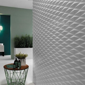 Tile, Interior design, Wall, Room, Floor, Furniture, Turquoise, Flooring, Houseplant, Material property, 