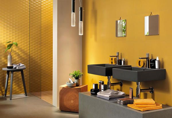 Yellow, Room, Interior design, Wall, Orange, Furniture, Bathroom, Material property, Tile, Floor, 