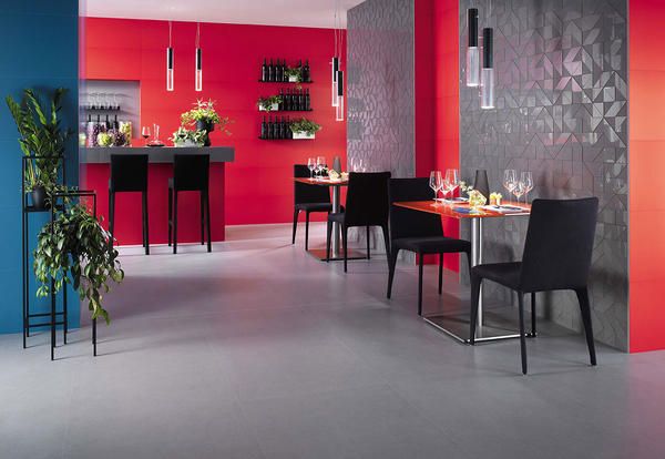 Room, Red, Interior design, Floor, Furniture, Flooring, Table, Building, Material property, Tile, 