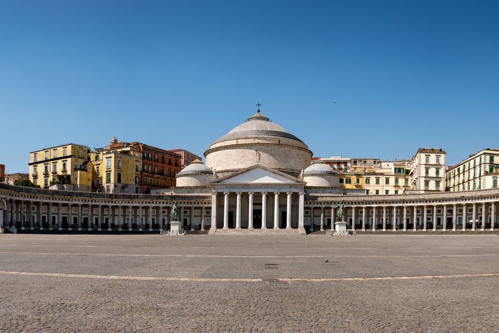 piazza del plebiscito is the main square in naples, italy church san francesco di paola on it