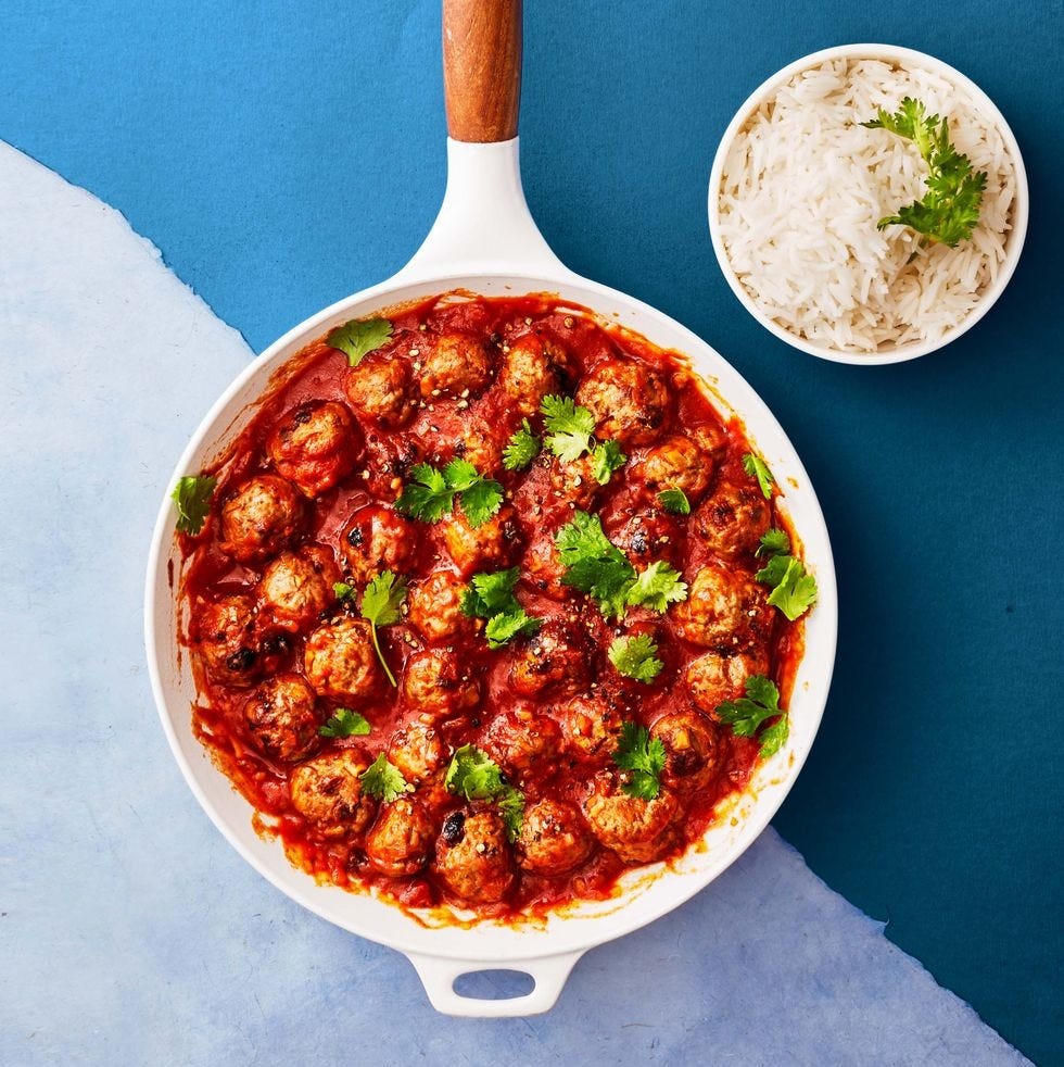 picadillo meatballs in a white pan