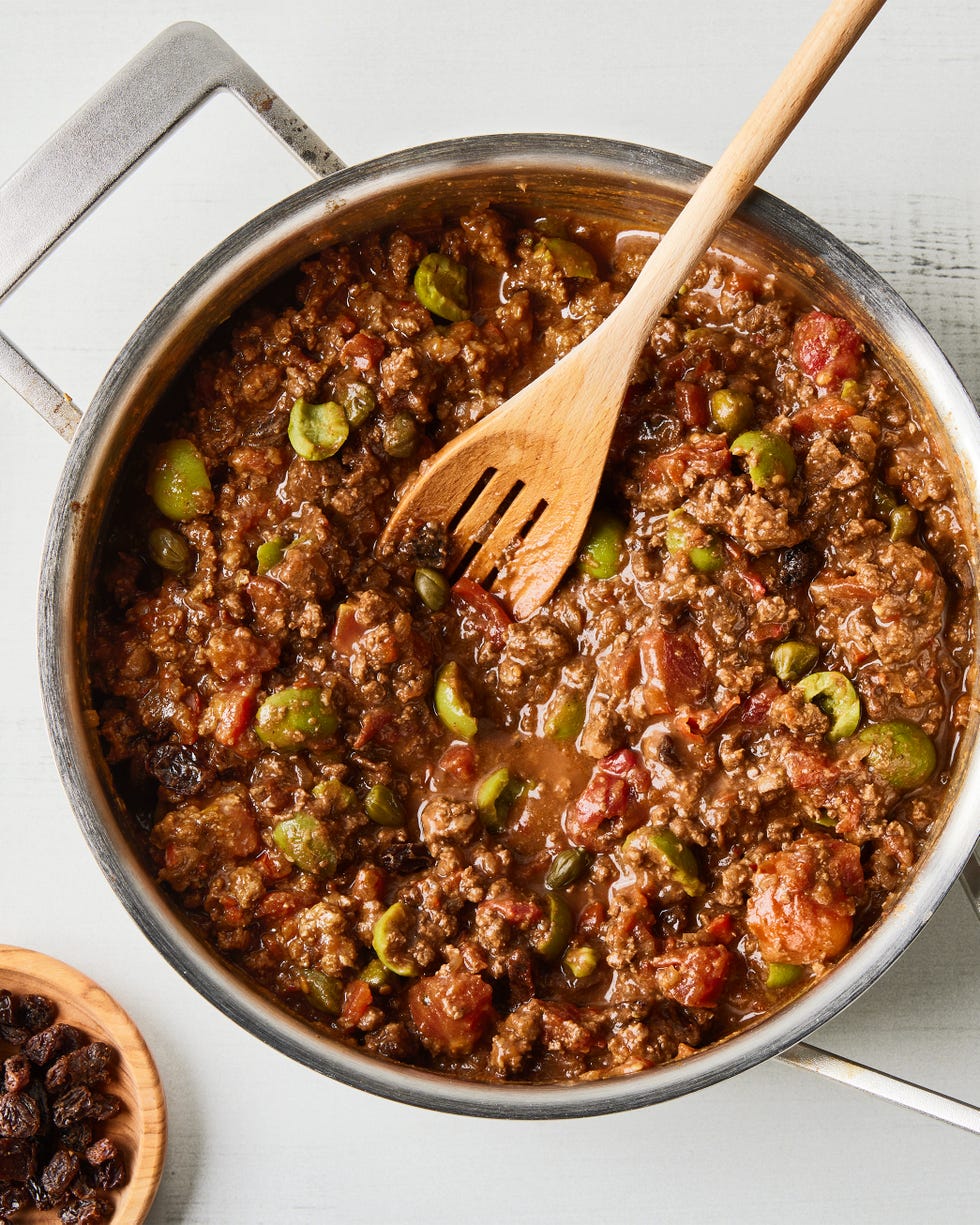 picadillo with ground beef capers raisins olives and tomato