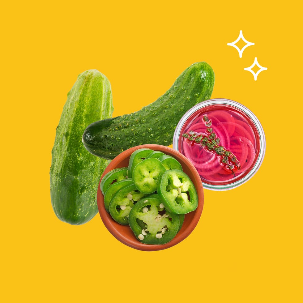 pickles, pickled jalapeños, pickled onions