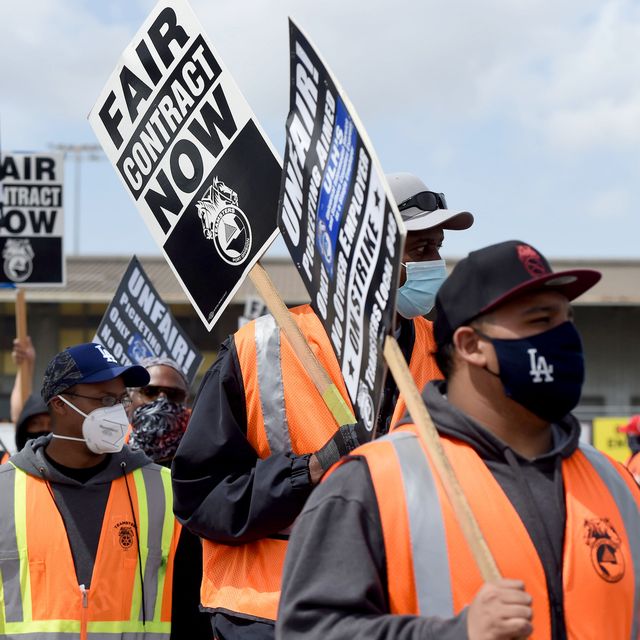 san pedro, ca   april 14 longshore workers briefly walked off the job on in solidarity with the teamsters to picket and disrupt traffic,  to one of pola's seven terminals in san pedro on wednesday, april 14, 2021 photo by brittany murraymedianews grouplong beach press telegram via getty images