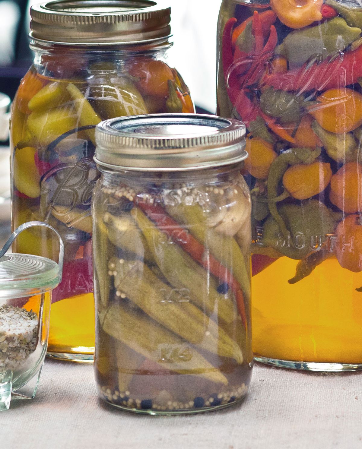 pickled okra in a mason jar