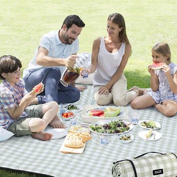 family enjoying picnic on green and white gingham blanket
