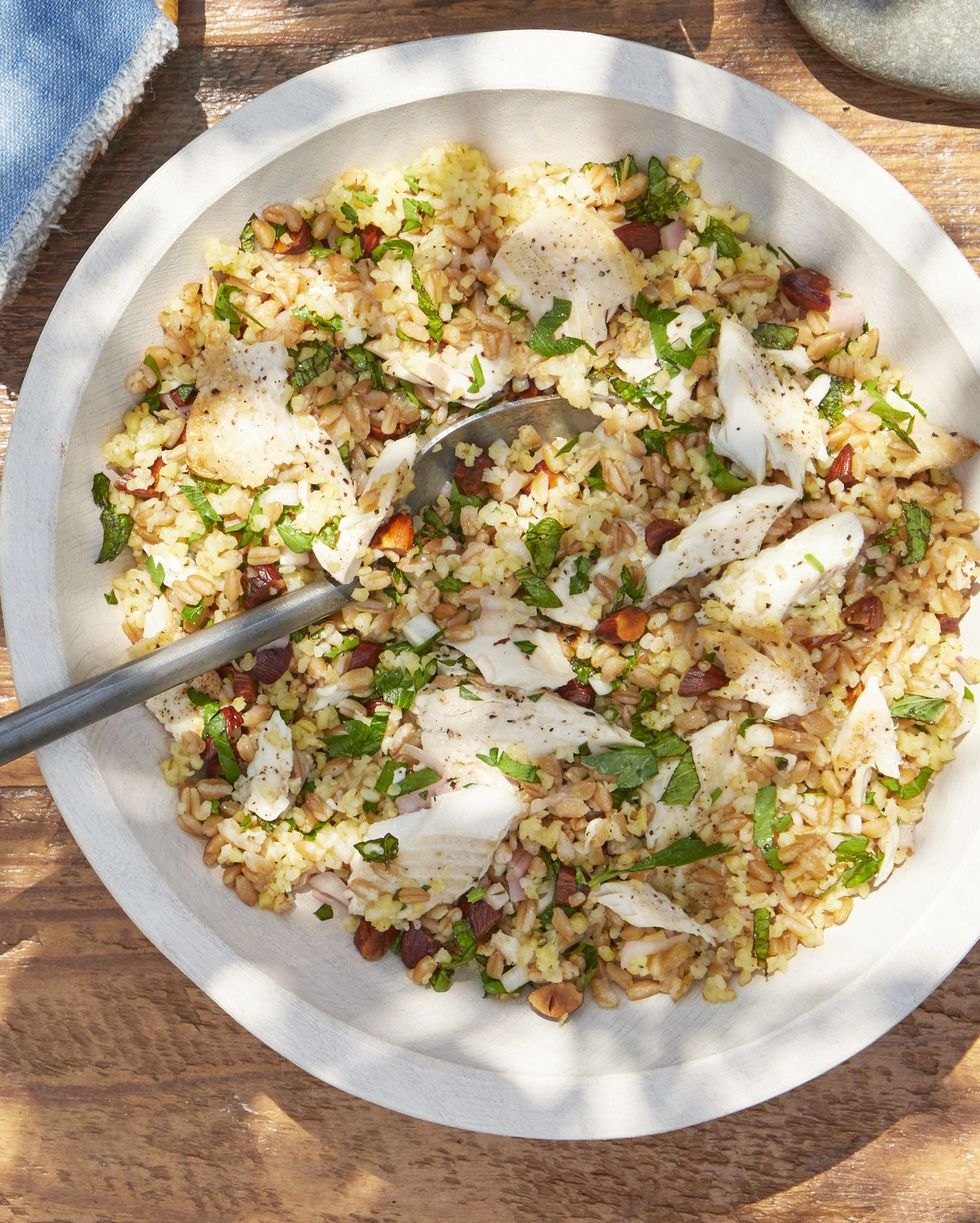 grain salad with trout, almonds, and herbs