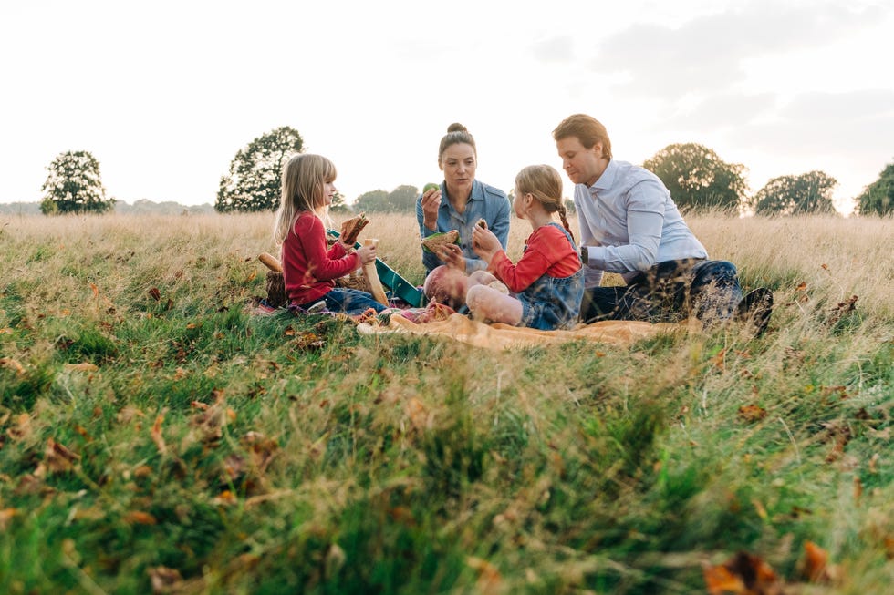 a group of people sitting in a field