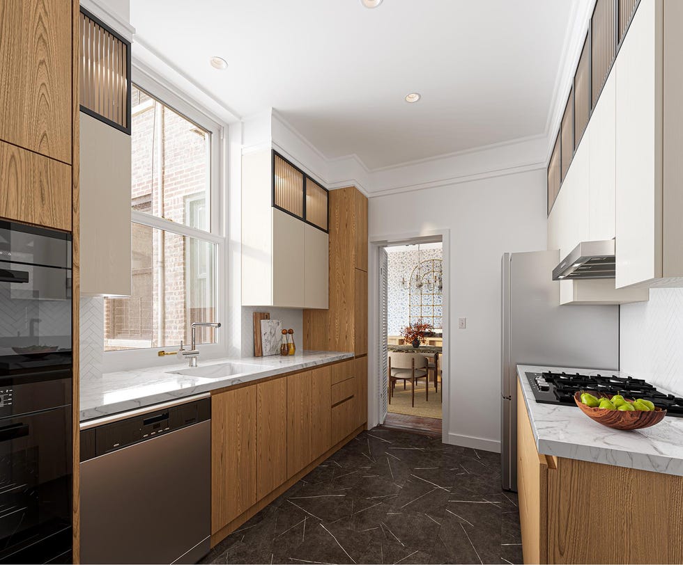 the updated kitchen of 8a in 404 riverside drive.