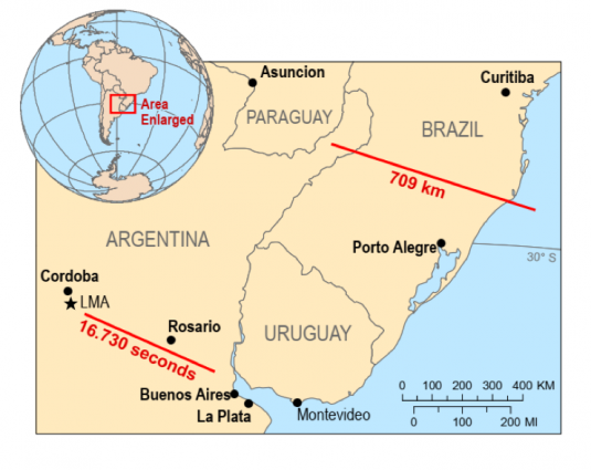 a map showing where the lightning strikes occurred in brazil and in argentina