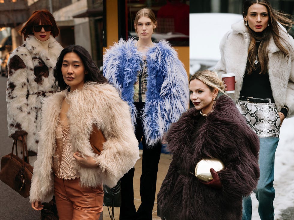 fashionable individuals wearing fur jackets in various styles and colors