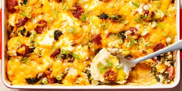 casserole dish filled with pierogis and cheese