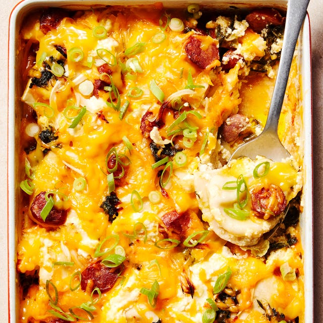 casserole dish filled with pierogis and cheese