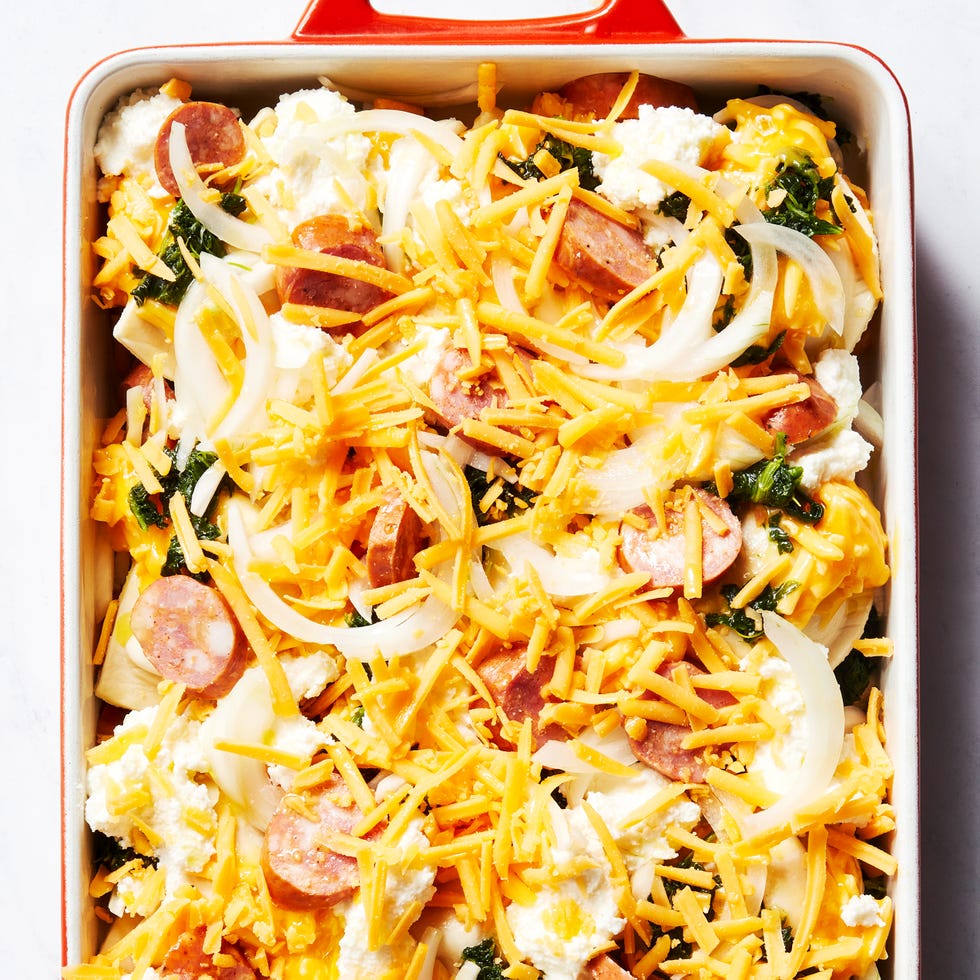 casserole dish filled with pierogis and cheese