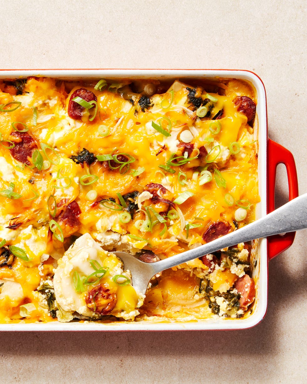 casserole dish filled with pierogis and cheese