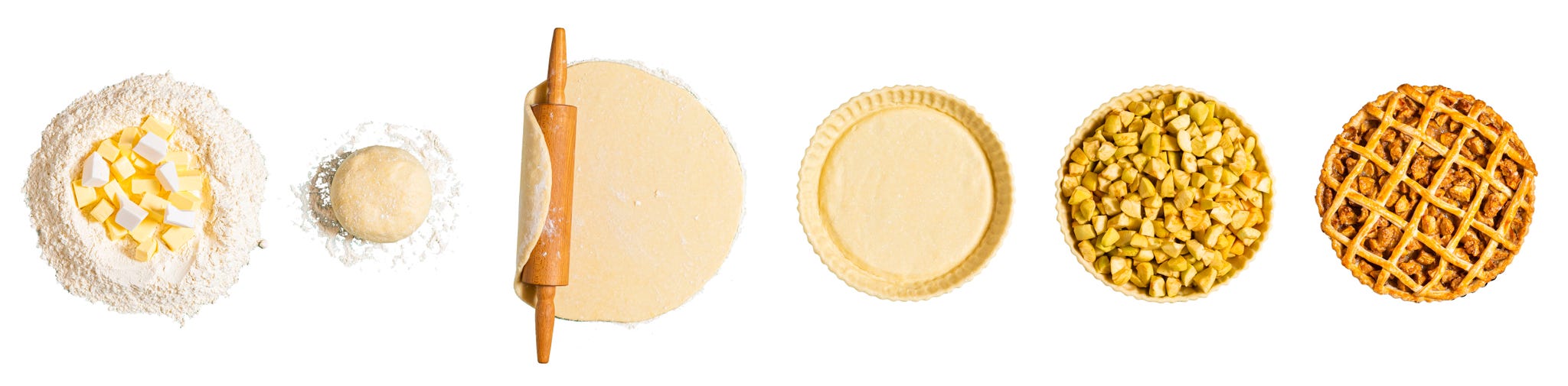 baking steps for an apple pie, isolated on a green mint background top view with step by step preparation of an apple tart homemade dessert recipe
