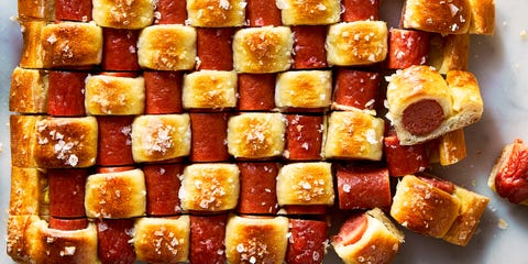 pigs in a blanket quilted with crescent dough and topped with flaky salt