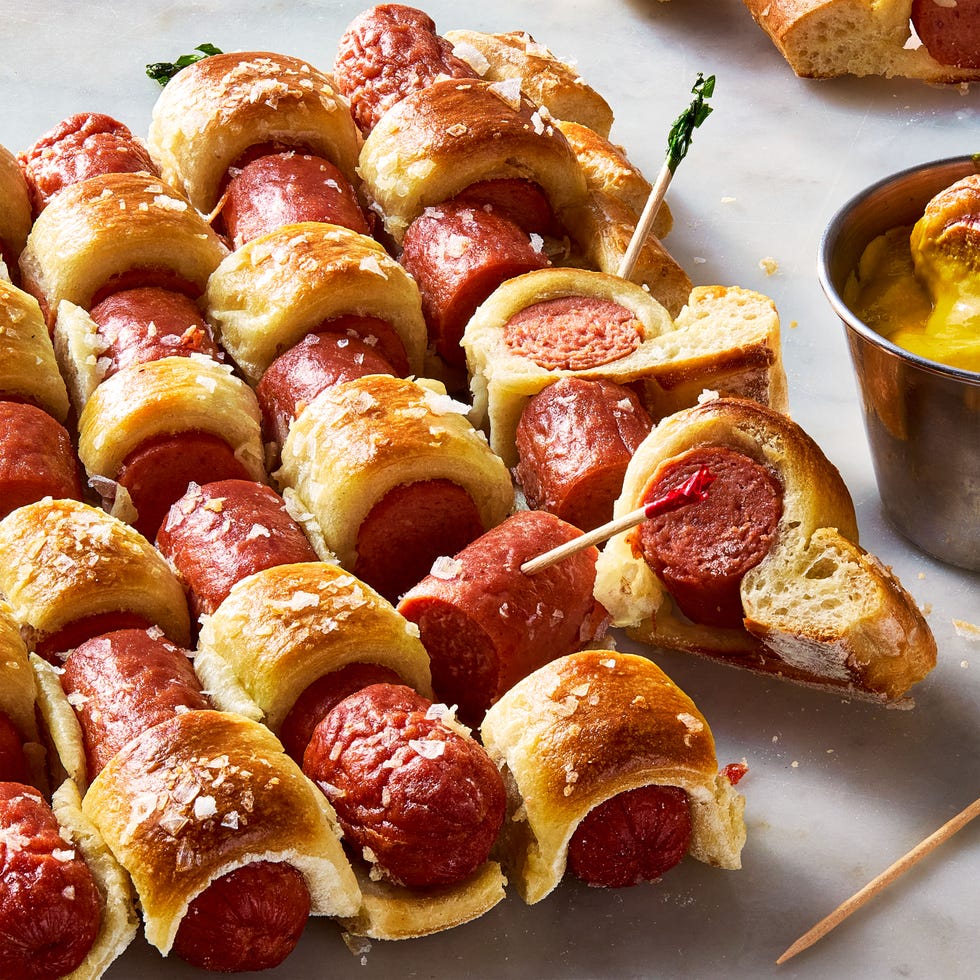 pigs in a blanket quilted with crescent dough and topped with flaky salt