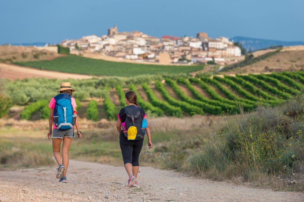 pilgrims walking the trek called the camino de santiago also known as the way towards little village of cirauqui