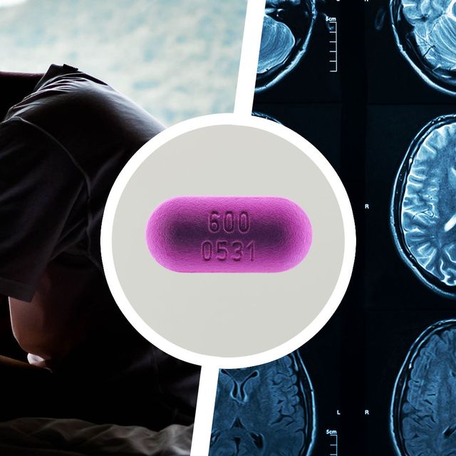 depressed man and brain scan with pill in the middle