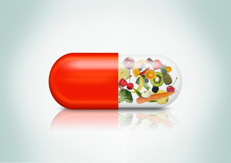 pill capsule with a variation of fruits visible