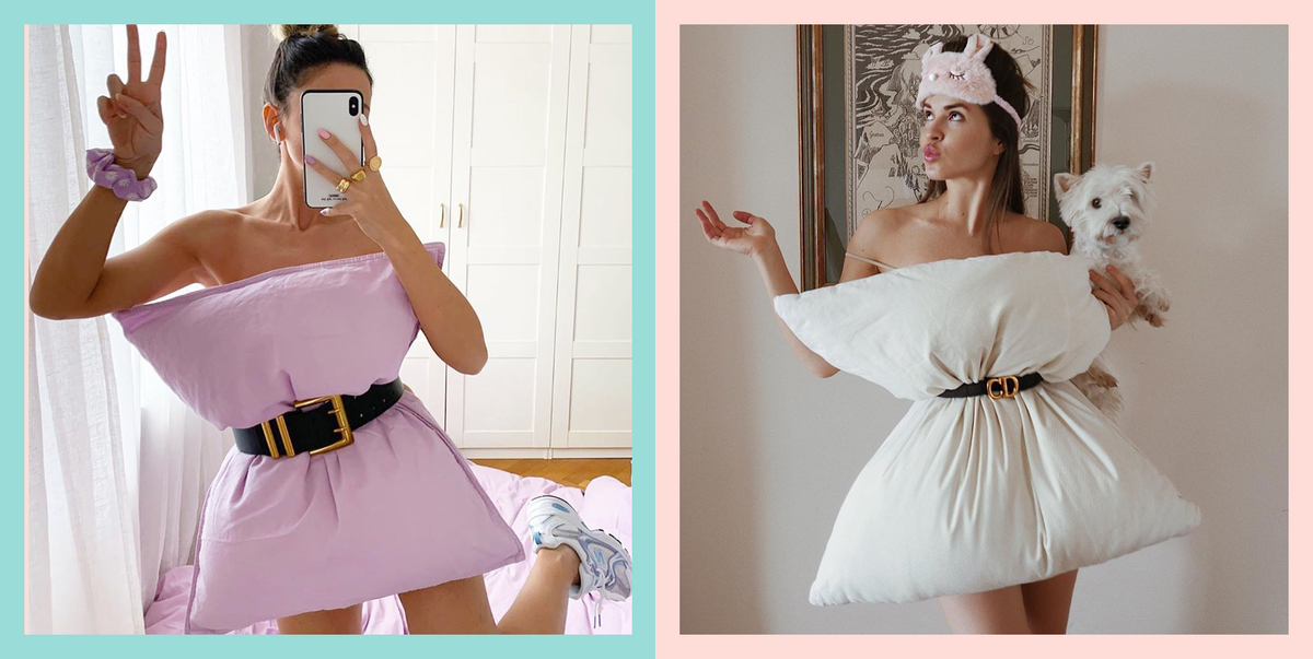 two women with pillows belted to them as if they were dresses