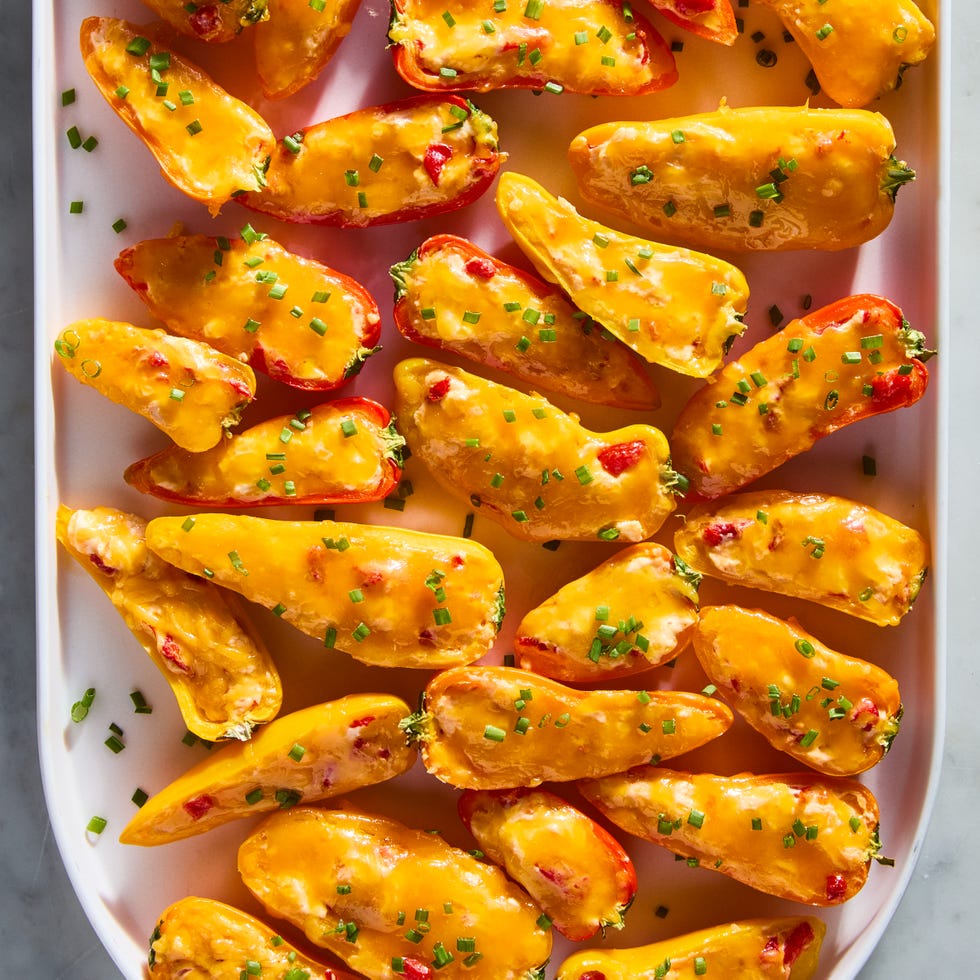 mini red and yellow peppers stuffed with pimento cheese and baked