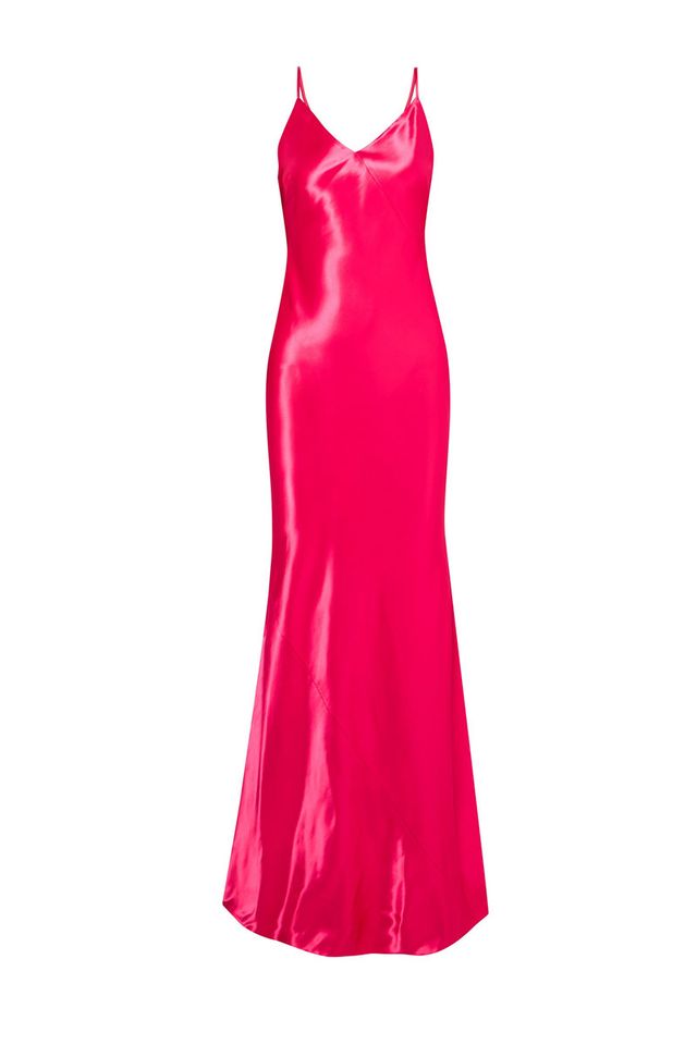 Clothing, Dress, Pink, Day dress, Magenta, Satin, Cocktail dress, Textile, Neck, Gown, 