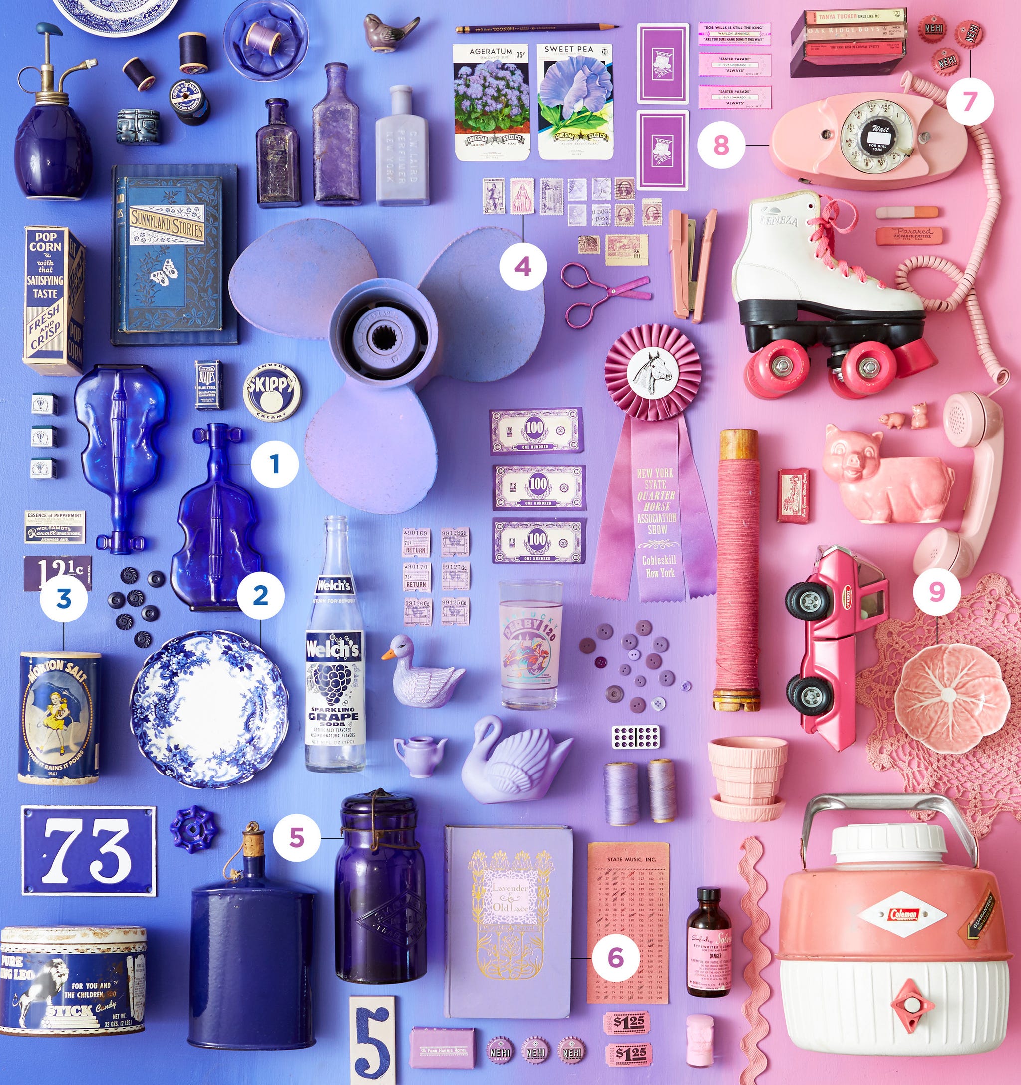 blue, pink and purple vintage items flatlay