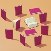 a group of books with pink covers set up on an orange background