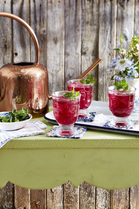 blueberry mint cocktail in glasses with fresh mint as garnish