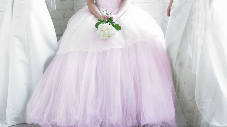Dress, Clothing, Bridal party dress, Gown, White, Pink, Wedding dress, Bridal clothing, Child, Purple, 