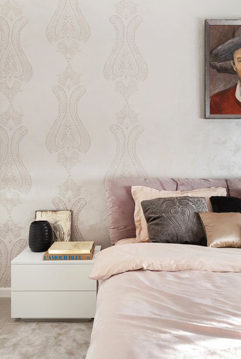 Bedroom, Furniture, Wall, Room, Bed, Interior design, Wallpaper, Bed frame, Pink, Bed sheet, 
