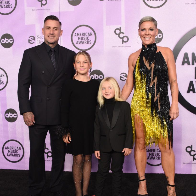 pink on the red carpet at the 2022 american music awards with husband carey hart and kids willow and jameson