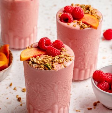 high protein smoothie, pink peach smoothie
