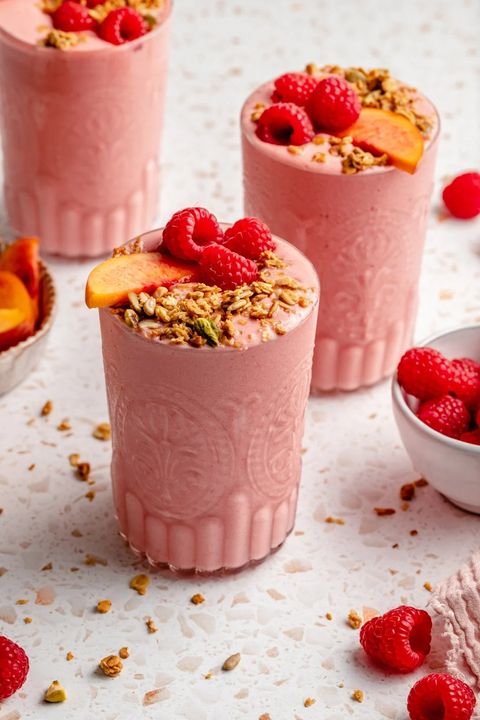 high protein smoothie, pink peach smoothie